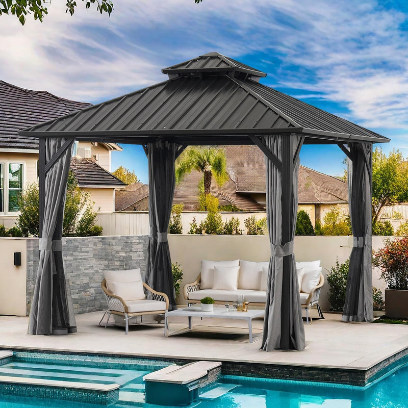 10 * 10FT Patic Gazebo with Steel Canopy,Outdoor Permanent Hardtop Gazebo Canopy for Patio, Garden, Backyard