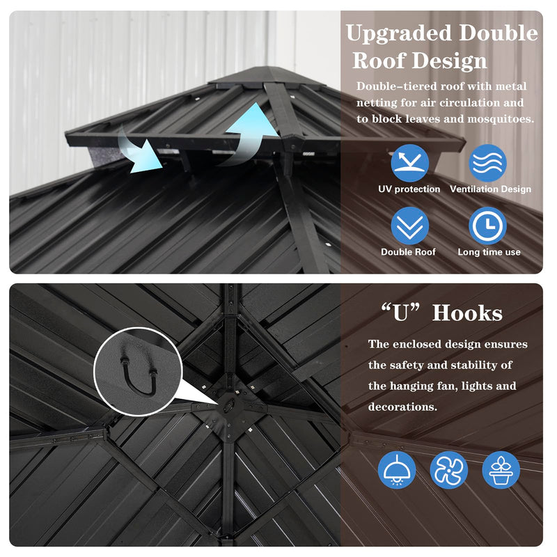 10 * 10FT Patic Gazebo with Steel Canopy,Outdoor Permanent Hardtop Gazebo Canopy for Patio, Garden, Backyard