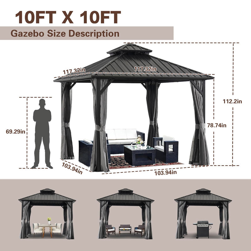 10 * 10FT Patic Gazebo with Steel Canopy,Outdoor Permanent Hardtop Gazebo Canopy for Patio, Garden, Backyard