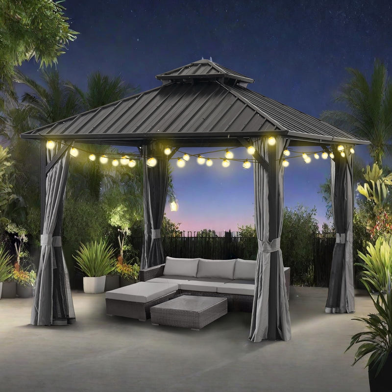 10 * 10FT Patic Gazebo with Steel Canopy,Outdoor Permanent Hardtop Gazebo Canopy for Patio, Garden, Backyard