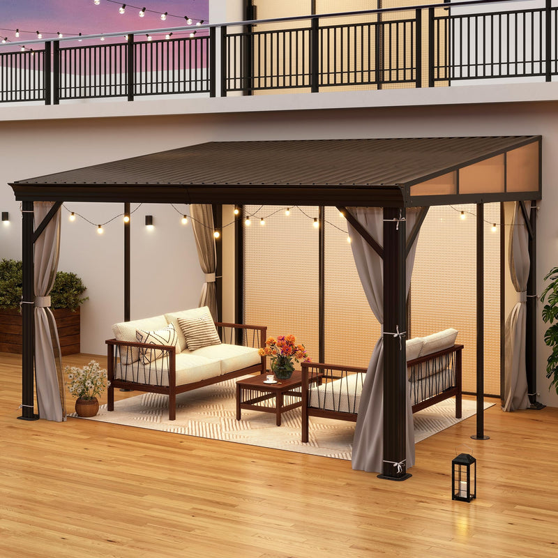10' x 12' Hardtop Wall Mounted Gazebo, Lean to Gazebo with Galvanized Steel Roof Aluminum Frame Wall Gazebos Pergola with Netting&Curtains for Outdoor, Backyard, Patio