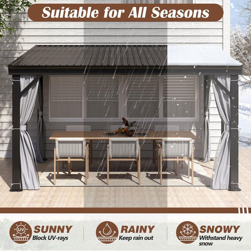 10' x 12' Hardtop Wall Mounted Gazebo, Lean to Gazebo with Galvanized Steel Roof Aluminum Frame Wall Gazebos Pergola with Netting&Curtains for Outdoor, Backyard, Patio
