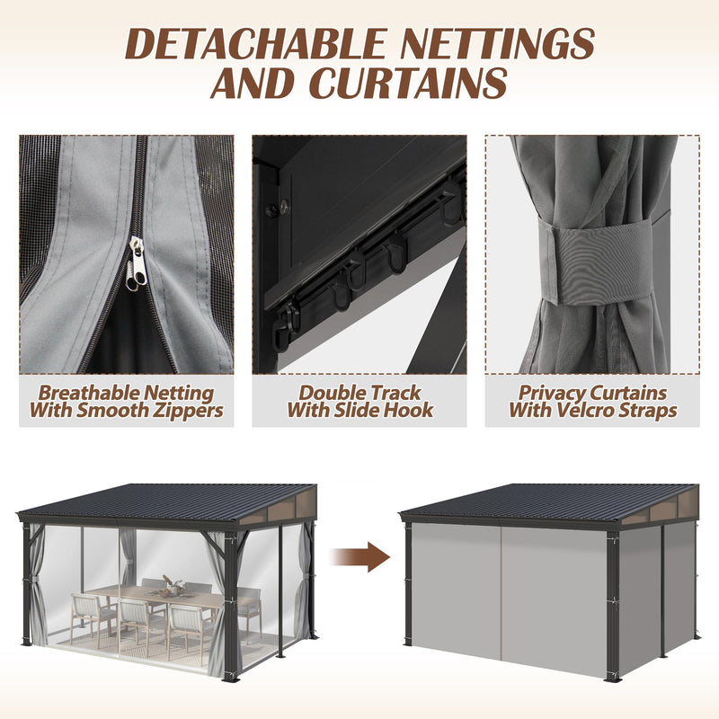 10' x 12' Hardtop Wall Mounted Gazebo, Lean to Gazebo with Galvanized Steel Roof Aluminum Frame Wall Gazebos Pergola with Netting&Curtains for Outdoor, Backyard, Patio