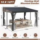 10' x 12' Hardtop Wall Mounted Gazebo, Lean to Gazebo with Galvanized Steel Roof Aluminum Frame Wall Gazebos Pergola with Netting&Curtains for Outdoor, Backyard, Patio
