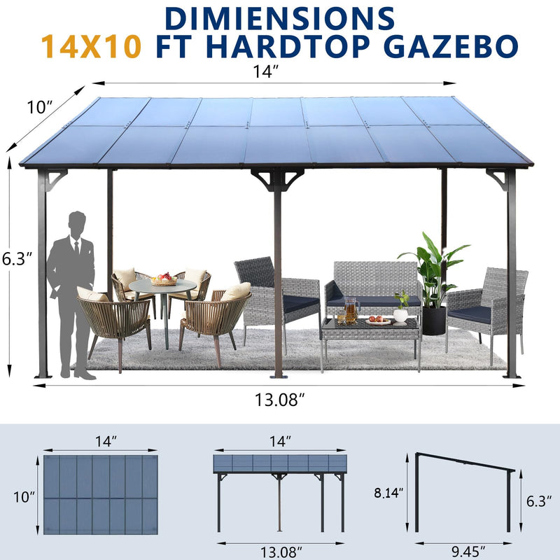 10x14 FT Outdoor Pergola Gazebo - Large Wall-Mounted Hardtop Lean-to Gazebo Sunroom Canopy Outdoor Pergola with Waterproof Roof, Heavy Duty Waterproof Patio Awning for Patio, Decks, Backyard, Grey