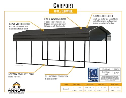 Arrow CPHC102007 Heavy Duty Galvanized Steel Metal Multi-Use Shelter, Shade, Carport, 10' x 20' x 7'