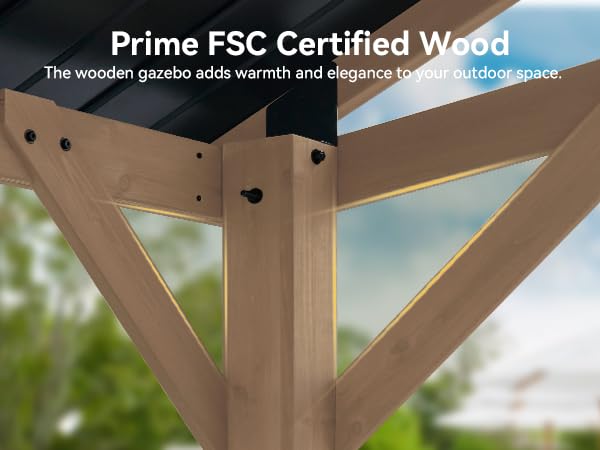 Aoxun 12' x 16' Outdoor Wood Gazebo, Hardtop Gazebo Permanent Wooden Pavilion with Galvanized Steel Gable Roof, for Patio, Garden, Deck, Cedar Wood