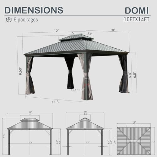 Domi 10x14FT Hardtop Gazebo, Permanent Outdoor Gazebo with Galvanized Steel Double Roof and Aluminum Frame, Curtain and Netting, Pavilion Gazebo for Patio Deck Garden, Grey