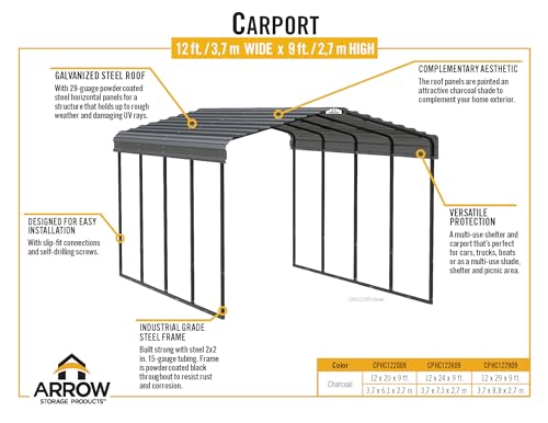 Arrow Carports Galvanized Steel Carport, Full-Size Metal Carport Kit, 12' x 24' x 9', Charcoal