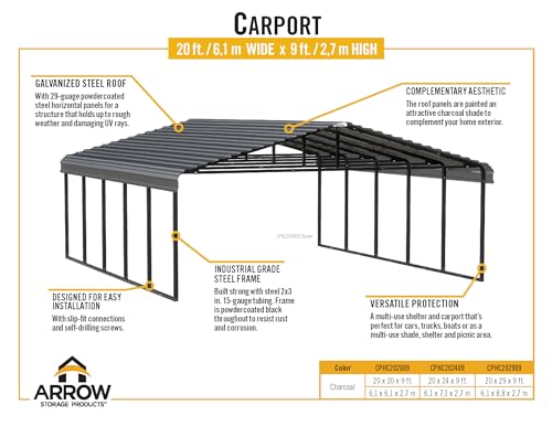 Arrow Carports Galvanized Steel Carport, Double Car Metal Carport Kit, 20' x 24' x 7', Charcoal