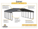 Arrow Carports Galvanized Steel Carport, Double Car Metal Carport Kit, 20' x 29' x 9', Charcoal