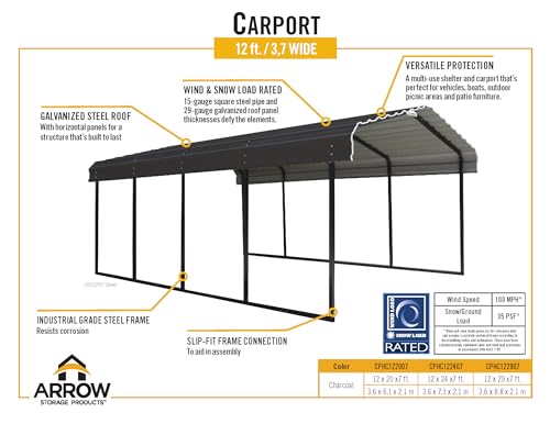 Arrow Carports Galvanized Steel Carport, Full-Size Metal Carport Kit, 12' x 29' x 7', Charcoal