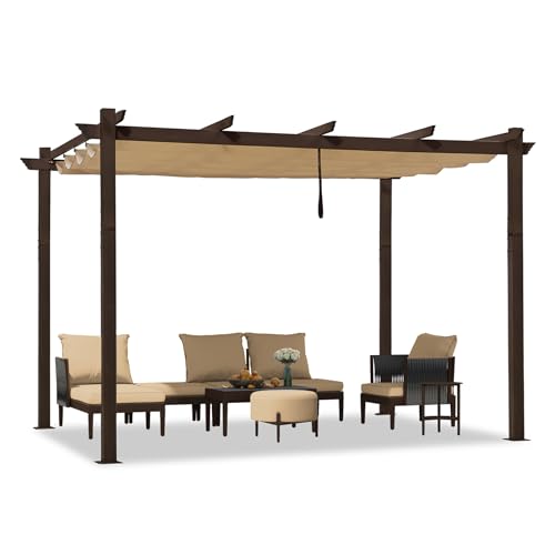 PURPLE LEAF 10' x 12' Outdoor Retractable Pergola Aluminum with DIY Sun Shade Canopy Patio Modern Heavy-Duty Brown Shelter for Garden Yard Pavilion Grape Trellis Porch, Beige