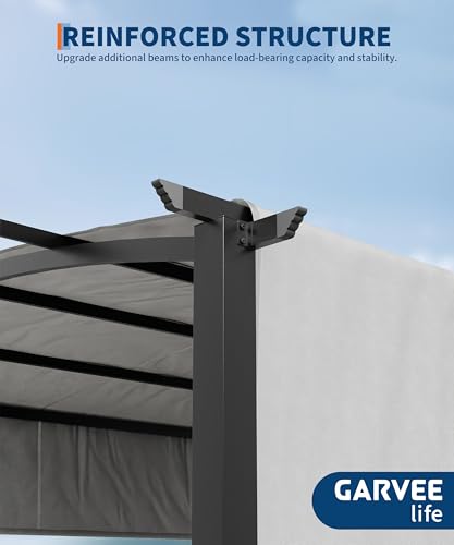 GarveeLife 12' x 9' Outdoor Arched Pergola, Metal Gazebo with Retractable Sun Shade for Backyards, Lawn, Patios (Grey)