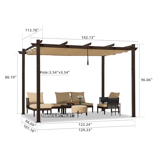 PURPLE LEAF 10' x 12' Outdoor Retractable Pergola Aluminum with DIY Sun Shade Canopy Patio Modern Heavy-Duty Brown Shelter for Garden Yard Pavilion Grape Trellis Porch, Beige