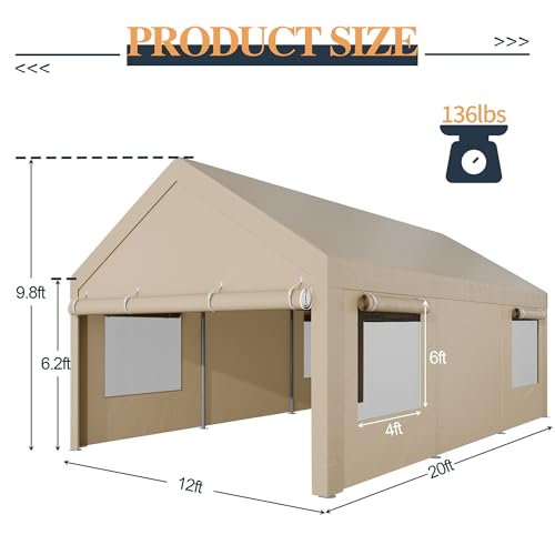 Shintenchi Carport 12' x 20' Heavy Duty Portable Garage, Car Port Canopy with Side-Opening Removable Door & Roll-Up Windows, Car Canopy for Truck,Car,Boat,Motorcycle,Khaki