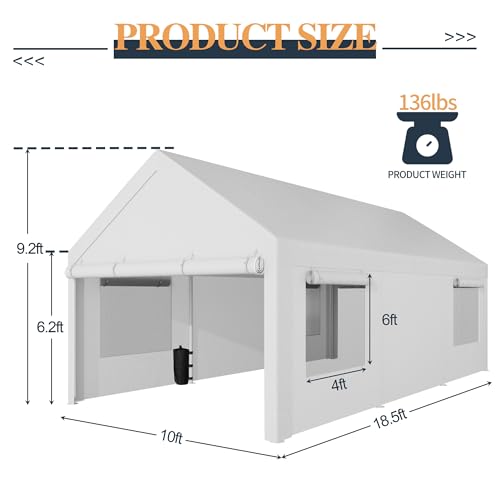 Shintenchi Carport 10' x 20' Heavy Duty Portable Garage, Car Port Canopy with Side-Opening Removable Door & Roll-Up Windows, Car Canopy for Truck,Car,Boat,Motorcycle,White