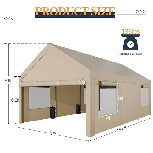 Shintenchi Carport 12' x 20' Heavy Duty Portable Garage, Car Port Canopy with Side-Opening Removable Door & Roll-Up Windows, Car Canopy for Truck,Car,Boat,Motorcycle,Khaki