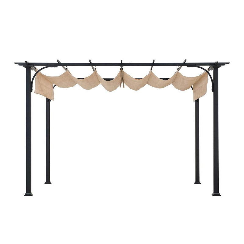 Sunjoy Outdoor Pergola 9 x 12 ft. Patio Black Steel Frame Pergola with Retractable Beige Canopy Shade for Backyard, Garden Activities