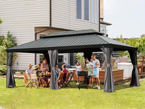 Domi 14' X 20' Hardtop Gazebo Outdoor Metal Gazebo Canopy with Galvanized Steel Double Roof, Aluminum Frame, Curtains and Netting for Patio, Deck, Garden, Grey