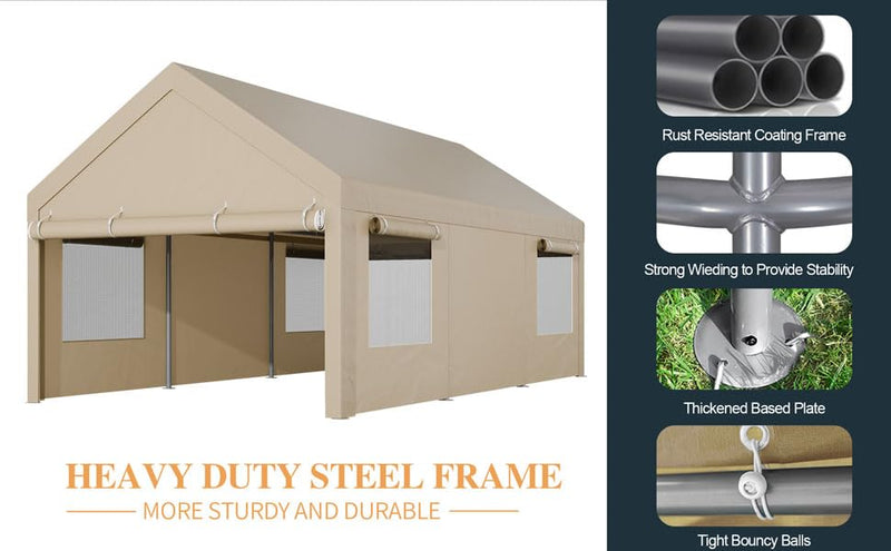 Shintenchi Carport 12' x 20' Heavy Duty Portable Garage, Car Port Canopy with Side-Opening Removable Door & Roll-Up Windows, Car Canopy for Truck,Car,Boat,Motorcycle,Khaki