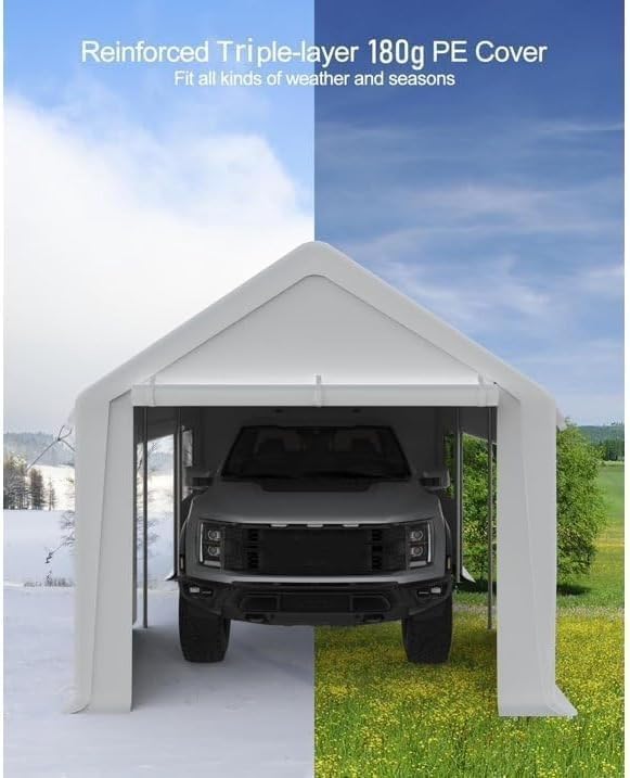 IDEALHOUSE 10x20ft Heavy Duty Carport with Roll-Up Windows - Portable Garage with Removable Sidewalls & Doors, All-Season Tarp Shelter for Cars, Trucks, Boats & Motorcycles (White)