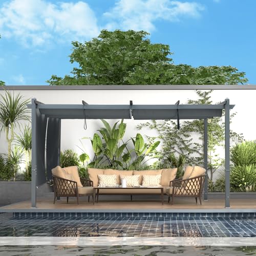 Aoodor 12 x 16 ft Outdoor Pergola with Retractable Shade Canopy, Matte Dark Gray Aluminum Frame, 2 Roller Shade Curtains, Grape Trellis Pergola for Patio, Backyard, Deck, Grey