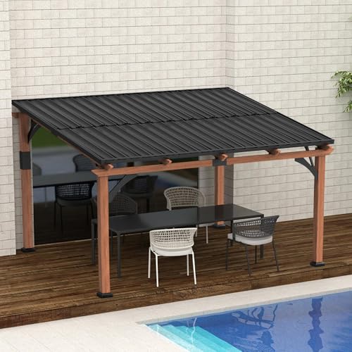 Macrout 12'x14' Outdoor Gazebo, Heavy Duty Pergola with Sloped Metal Roof and Aluminum Frame, Permanent Gazebos for Patio, Decks, Backyard, Garden, 4756 (Sloped Roof + Brown Frame, 12'x14')