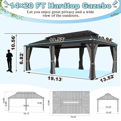 Yardenaler 14x20 FT Hardtop Gazebo Canopy with Double Galvanized Steel Roof, Permanent Outdoor Pavilion with Curtain & Mesh Netting for Patio. Garden, Backyard, Black