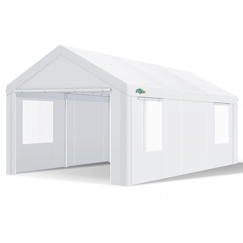 COBIZI Carport Canopy 12x20 Heavy Duty Portable Garage with Removable Sidewalls & Doors, Galvanized Frame Car Port Canopy Tent with Built-in Sandbags & All-Season Tarp for Car Boat Truck, White