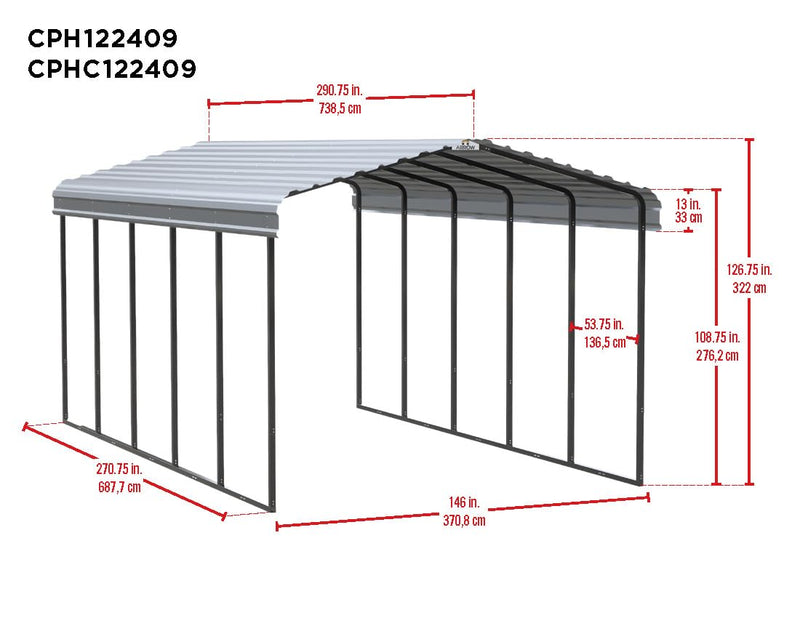 Arrow Carports Galvanized Steel Carport, Full-Size Metal Carport Kit, 12' x 24' x 9', Charcoal
