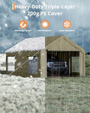 GarveeLife 10x20 Ft Carport, Car Port with 200g PE Tarp, Roll-Up Doors, and 4 Windows, for Sedans, Bass Boats, Motos, ATVs, and SUVs, Khaki