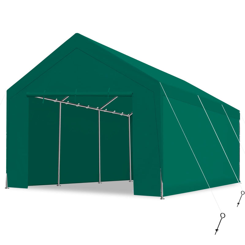 PEAKTOP OUTDOOR 12x20 ft Heavy Duty Carport with Removable Sidewalls, Portable Car Canopy, Garage Tent, Boat Shelter with Reinforced Triangular Beams, Green