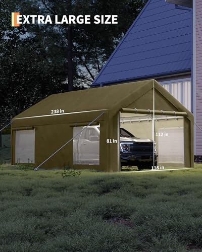 GarveeLife 10x20 Ft Carport, Car Port with 200g PE Tarp, Roll-Up Doors, and 4 Windows, for Sedans, Bass Boats, Motos, ATVs, and SUVs, Khaki