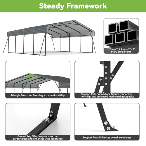 Real Relax 20x20ft Heavy Duty Metal Carport with Galvanized Steel Roof, 4 Support Legs, Outdoor Car Port Shelter for 2 Cars, Trucks and Boats
