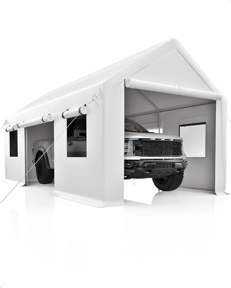 IDEALHOUSE 10x20ft Heavy Duty Carport with Roll-Up Windows - Portable Garage with Removable Sidewalls & Doors, All-Season Tarp Shelter for Cars, Trucks, Boats & Motorcycles (White)