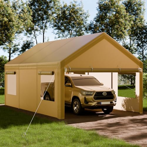 Shintenchi Carport 12' x 20' Heavy Duty Portable Garage, Car Port Canopy with Side-Opening Removable Door & Roll-Up Windows, Car Canopy for Truck,Car,Boat,Motorcycle,Khaki