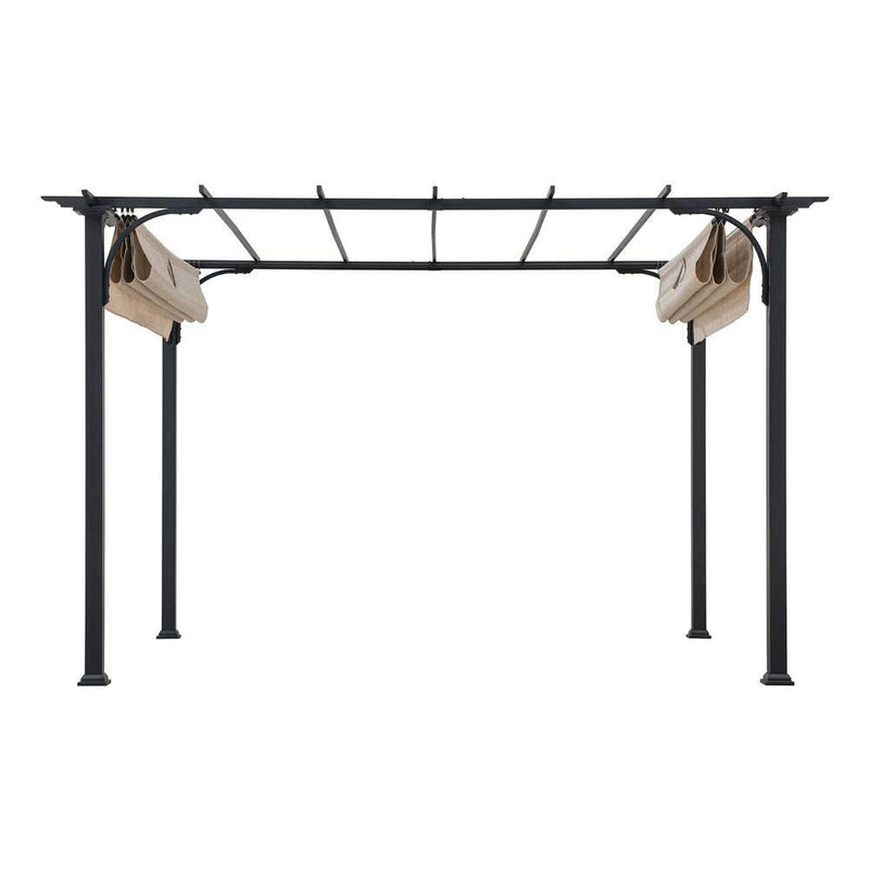 Sunjoy Outdoor Pergola 9 x 12 ft. Patio Black Steel Frame Pergola with Retractable Beige Canopy Shade for Backyard, Garden Activities