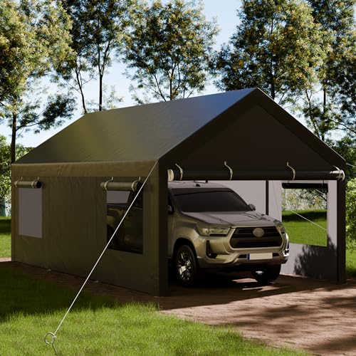 Shintenchi Carport 10' x 20' Heavy Duty Portable Garage, Car Port Canopy with Side-Opening Removable Door & Roll-Up Windows, Car Canopy for Truck,Car,Boat,Motorcycle,Grey