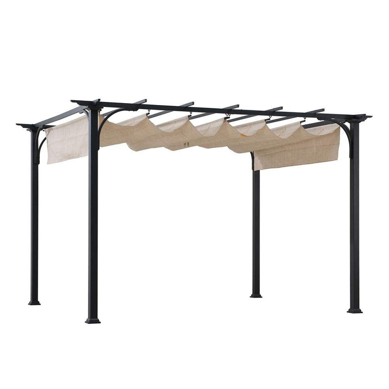 Sunjoy Outdoor Pergola 9 x 12 ft. Patio Black Steel Frame Pergola with Retractable Beige Canopy Shade for Backyard, Garden Activities