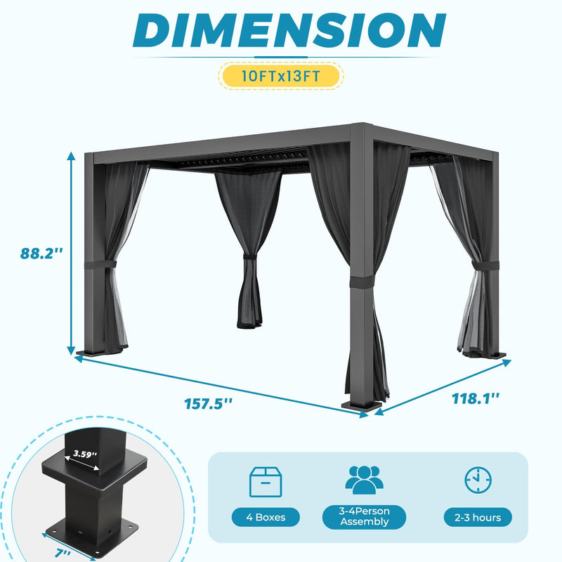 LVUYOYO Outdoor Louvered Pergola 10' x 13', Aluminum Pergola with Adjustable Roof, Waterproof Metal Gazebo with Curtains and Netting for Patio, Backyard, Garden, Deck (Black)