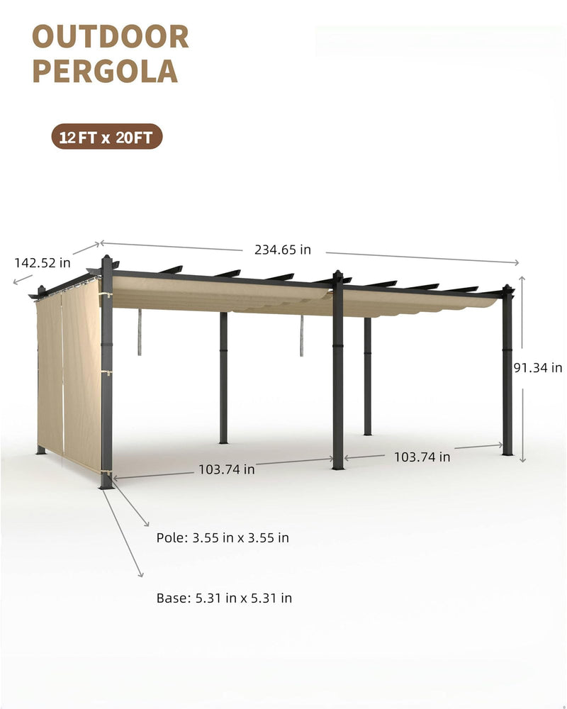 KYBOLT 12x20 Ft Modern Aluminum Pergola, Outdoor Pergola with Adjustable Canopy, Stable 4-Sided Base, Aluminum Gazebos for Backyard, Deck, Lawn - Khaki
