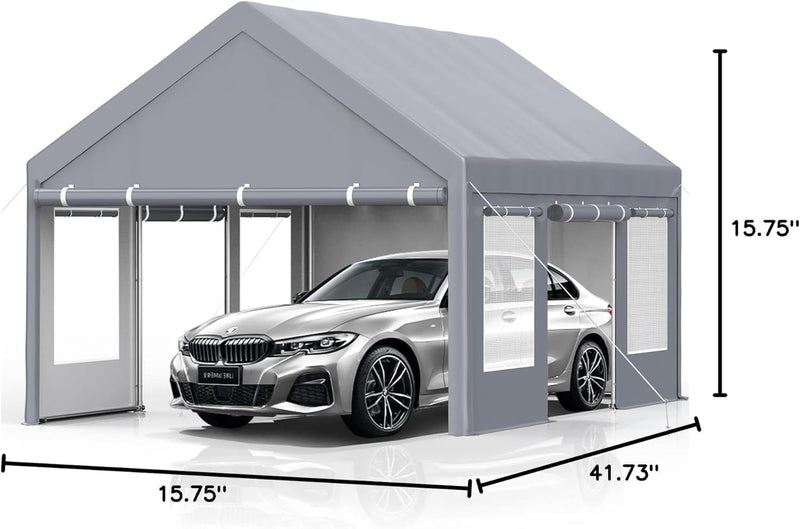Klysiora 13x20 Ft. Metal Carport Garage with PE Fabric and Galvanized Steel Frame Outdoor Shelter for Cars, Trucks and Boats with 4 Doors and Mesh Windows for Ventilation - Grey