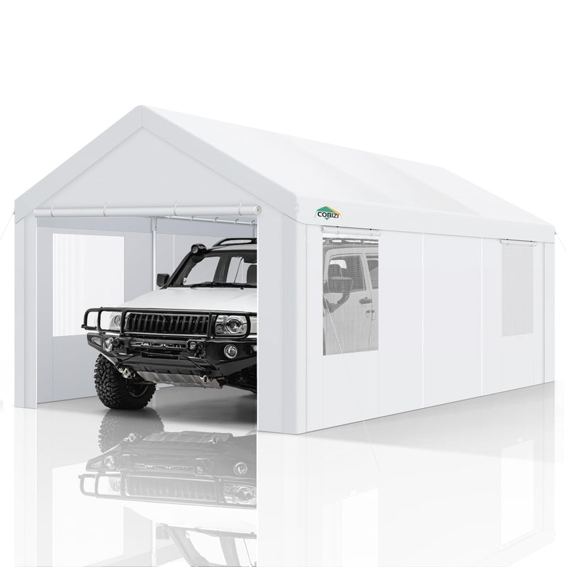 COBIZI Carport Canopy 12x20 Heavy Duty Portable Garage with Removable Sidewalls & Doors, Galvanized Frame Car Port Canopy Tent with Built-in Sandbags & All-Season Tarp for Car Boat Truck, White