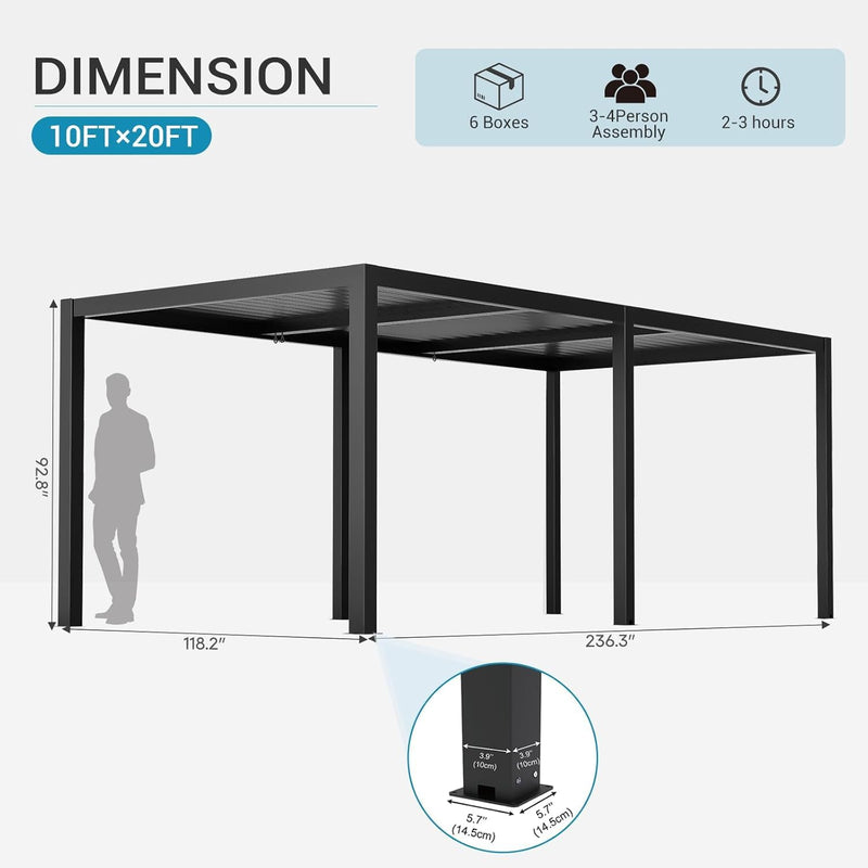 LVUYOYO Outdoor Louvered Pergola 10' x 20', Patio Aluminum Pergola with Adjustable Roof, Waterproof Metal Gazebo for Backyard, Garden, Deck (Black)