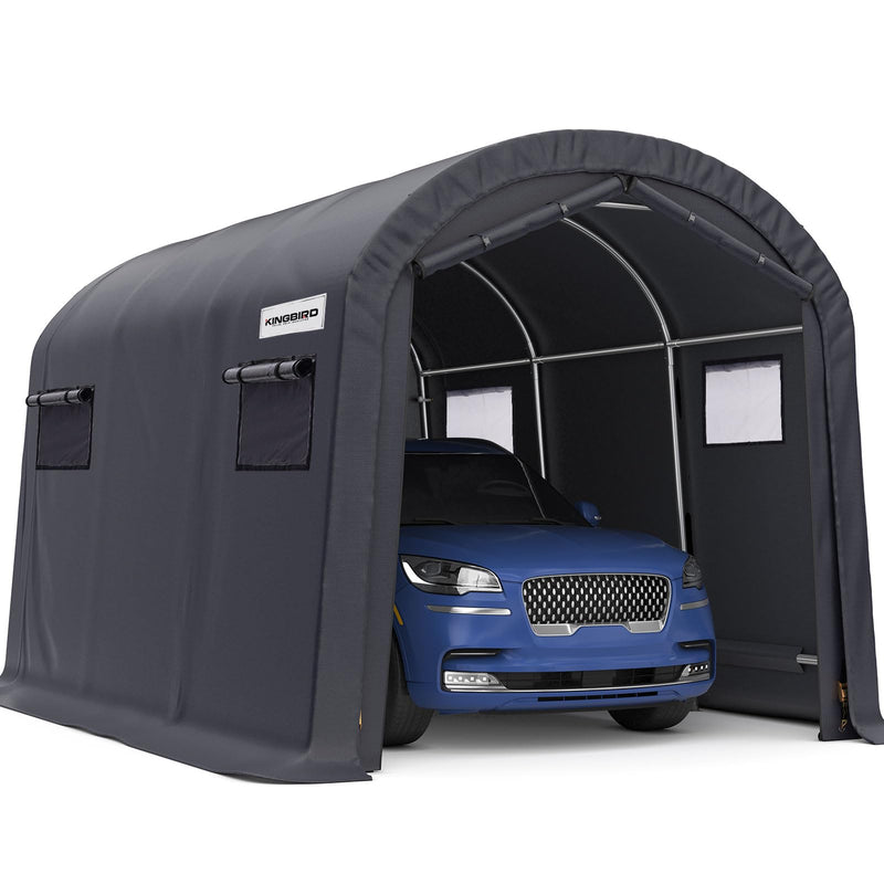 KING BIRD 10' x 15' Heavy Duty Round Style Carport with Roll-up Ventilated Windows Car Tent Carport Tent Outdoor Instant Garage Car Canopy with Reinforced Ground Bars