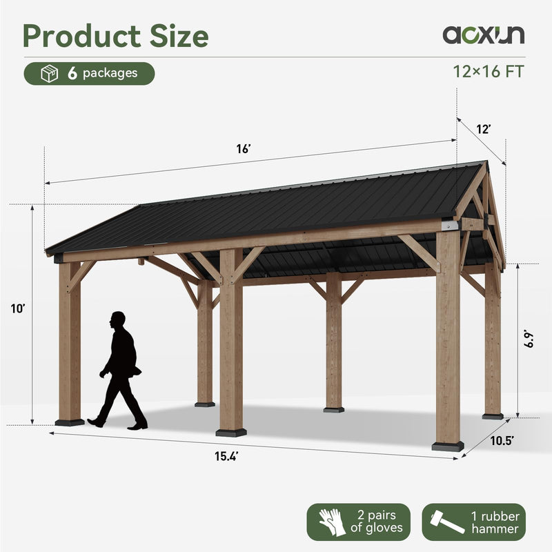 Aoxun 12' x 16' Outdoor Wood Gazebo, Hardtop Gazebo Permanent Wooden Pavilion with Galvanized Steel Gable Roof, for Patio, Garden, Deck, Cedar Wood