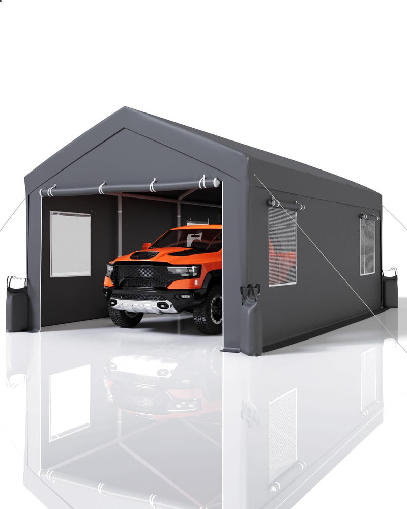 Hipicute 12'x20'x11' Heavy-Duty Portable Garage with Canopy Top, Front and Back Doors, Roll-Up Windows, Carport Shelter Reinforced Structure for Cars, Trucks, Boats, and Parties - Gray