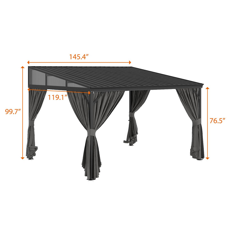 MOUMON 10x12Ft Hardtop Gazebo, Aluminum Frame Wall Mount Outdoor Gazebo with Netting & Curtains, Sloping Galvanized Iron Roof, Sun Shade Pergola Canopy for Patio Garden Backyard, Black Grey