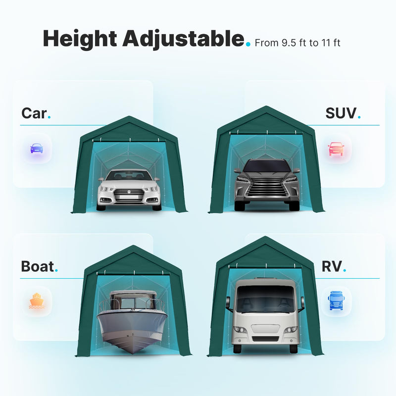 PEAKTOP OUTDOOR 12x20 ft Heavy Duty Carport with Removable Sidewalls, Portable Car Canopy, Garage Tent, Boat Shelter with Reinforced Triangular Beams, Green